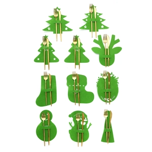 11-piece green felt Christmas cutlery holder set with reindeer and tree holiday designs