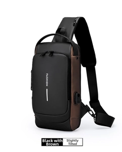 Detail of waterproof chest bag with USB port and combination lock in black and brown
