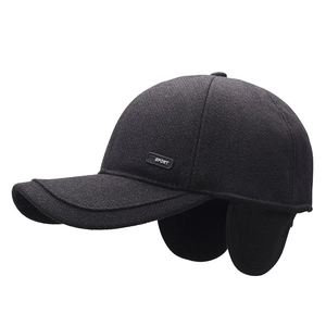 Men's winter baseball cap with ear flaps in black wool blend with Sport label