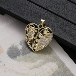 Gold plated hollow heart pendant with Virgin Mary and zircon inlay for women