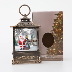 Retro bronze Christmas lantern with Santa scene and matching holiday gift box