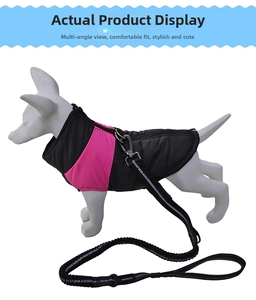Close-up of pink and black pet harness vest with reflective leash on a white dog