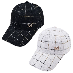 Elegant tweed plaid baseball caps in black and white with golden metal M letter logo