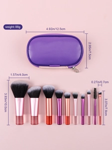 Detailed size specifications for 10pcs mini makeup brush set with purple zip case