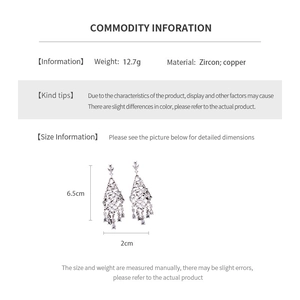 Infos sur la taille des boucles d'oreilles pampilles en zircon montrant 6,5 cm de long