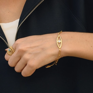 18K gold plated stainless steel bracelet and ring set with evil eye and turquoise