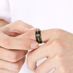 Matte black tungsten ring for men featuring a brushed finish and a gold grooved inlay