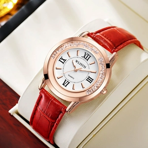 Women's Fashion Quartz Watch With Roman Numerals Rhinestone Bezel Rose Gold Case Crocodile Texture Leather Strap Waterproof Luminous Wristwatch