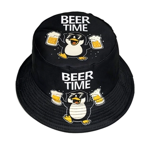 Black bucket hat with cartoon penguin holding beer pattern and BEER TIME print