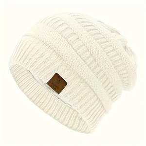 White chunky knit beanie with leather Super Star patch for warm winter casual style