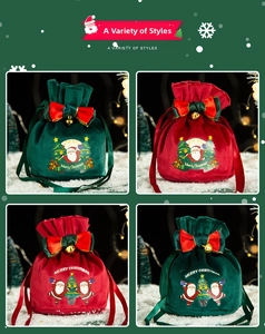 Detailed view of red and green velvet Christmas gift bags with bows and bells