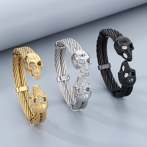 Stainless Steel Cable Wire Open Cuff Bracelet Skull Heads Punk Gothic Streetwear Adjustable Bangle For Men Jewelry