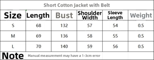 Size chart detail for short padded jacket with belt including chest and length measurements