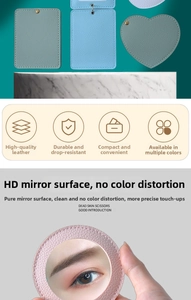 Detail of portable PU leather makeup mirror showing high definition glass and protection