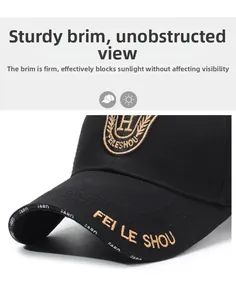 Detailed embroidery on a black cotton baseball cap with laurel wreath crest and gold text