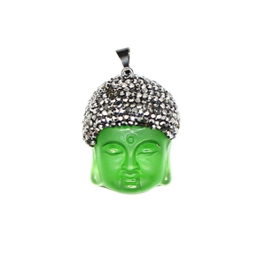 Detailed view of green crystal Buddha pendant with sparkling rhinestones and gold trim