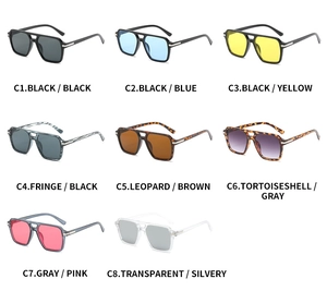 Detail grid of classic square double-bridge sunglasses in eight various trendy color options
