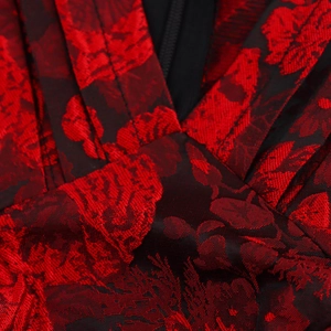 Floral jacquard V-neck mini dress with ruffle sleeves and zip back closure in red and black