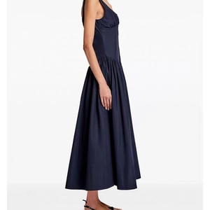 Elegant navy blue sleeveless maxi dress with pleated waist and A-line silhouette