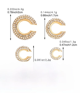 Detailed size chart showing diameters and weights for four C-shaped rhinestone ear cuffs