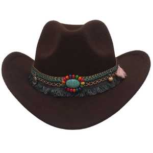 Detail of dark brown wool felt cowboy hat with turquoise beadwork and fringe decoration