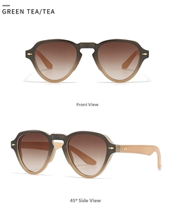 Detail of retro round sunglasses in green tea gradient lenses with gold accents