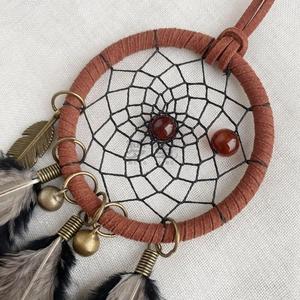 Handmade vintage dreamcatcher car pendant with brown leather, feathers and beads