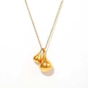 Gold plated stainless steel double teardrop pendant necklace for women on white background