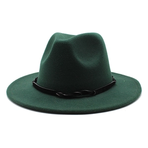 Classic dark green wide brim wool fedora hat with black braided leather band for adults