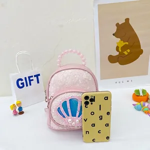 Pink sequin shell backpack for girls with pearl handle and gift accessories