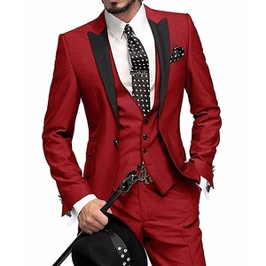 Men's slim fit 3-piece red suit set with black contrast lapels for formal events