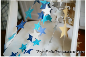 Detail of hanging blue and gold star garland decorations for birthday party settings