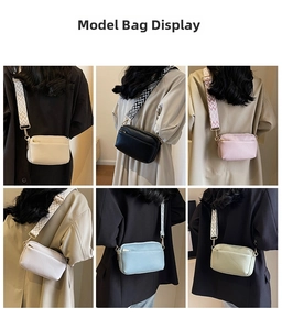 Collage of fashion crossbody bags in six colors with stylish patterned web shoulder straps