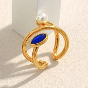 Asymmetric 18K gold plated stainless steel open ring with pearl and blue natural stone