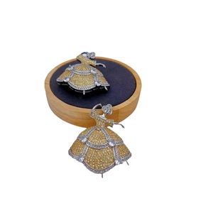 Exquisite ballet dancer brooch pins with sparkling rhinestones on a wooden display stand