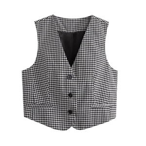 Gilet classique pied-de-poule noir et blanc à col en V avec fermeture à trois boutons