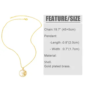 Detailed size chart showing shell sun pendant dimensions and gold plated brass chain specs