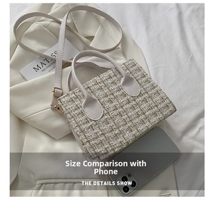Detailed size comparison of the yellow and white plaid crossbody bag with a smartphone
