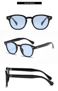 Vues détaillées de lunettes rondes vintage avec monture noire et verres bleu clair