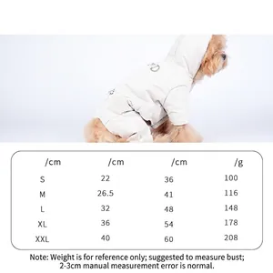 Thick winter dog bodysuit with harness ring and detailed size chart for small breeds