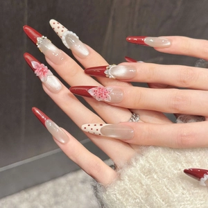 Handmade red gradient press-on nails with 3D floral carving, pearls and rhinestones