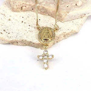 Gold Virgin Mary oval pendant with zircon cross on box chain, religious necklace