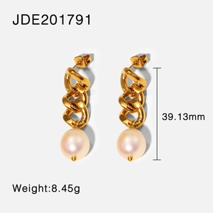 Modern 18K gold-plated stainless steel hoop earrings with light pink pearl drops