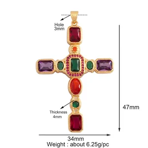 Ciondolo a croce barocca in rame con zirconi colorati 47x34mm per la creazione di gioielli
