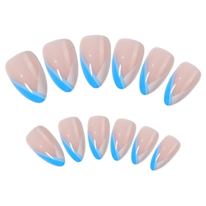 Almond French press-on nails with nude base and blue-white geometric splash design