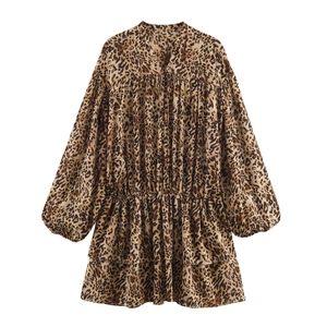 Vestito Leopardato Donna Chiffon Maniche Lunghe Scollo V Balze Linea A Casual Elegante Moda