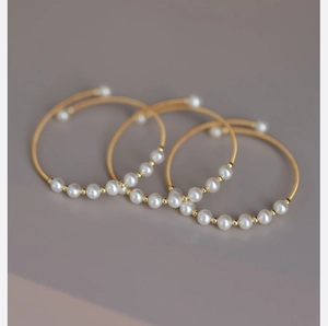 Natural Freshwater Pearl Open Bangle Bracelet Gold Colored Spiral Wire Handcrafted Minimalist Elegant Jewelry For Women
