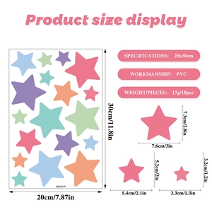 Detailed size chart for colorful PVC star wall decals including 18 pieces on 20x30cm sheet