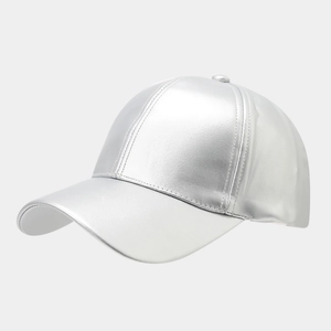 Detail of silver metallic PU leather baseball cap featuring glossy texture and stitching