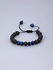 Bracelet tressé en pierre de lave et oeil de tigre bleu avec cordon ajustable
